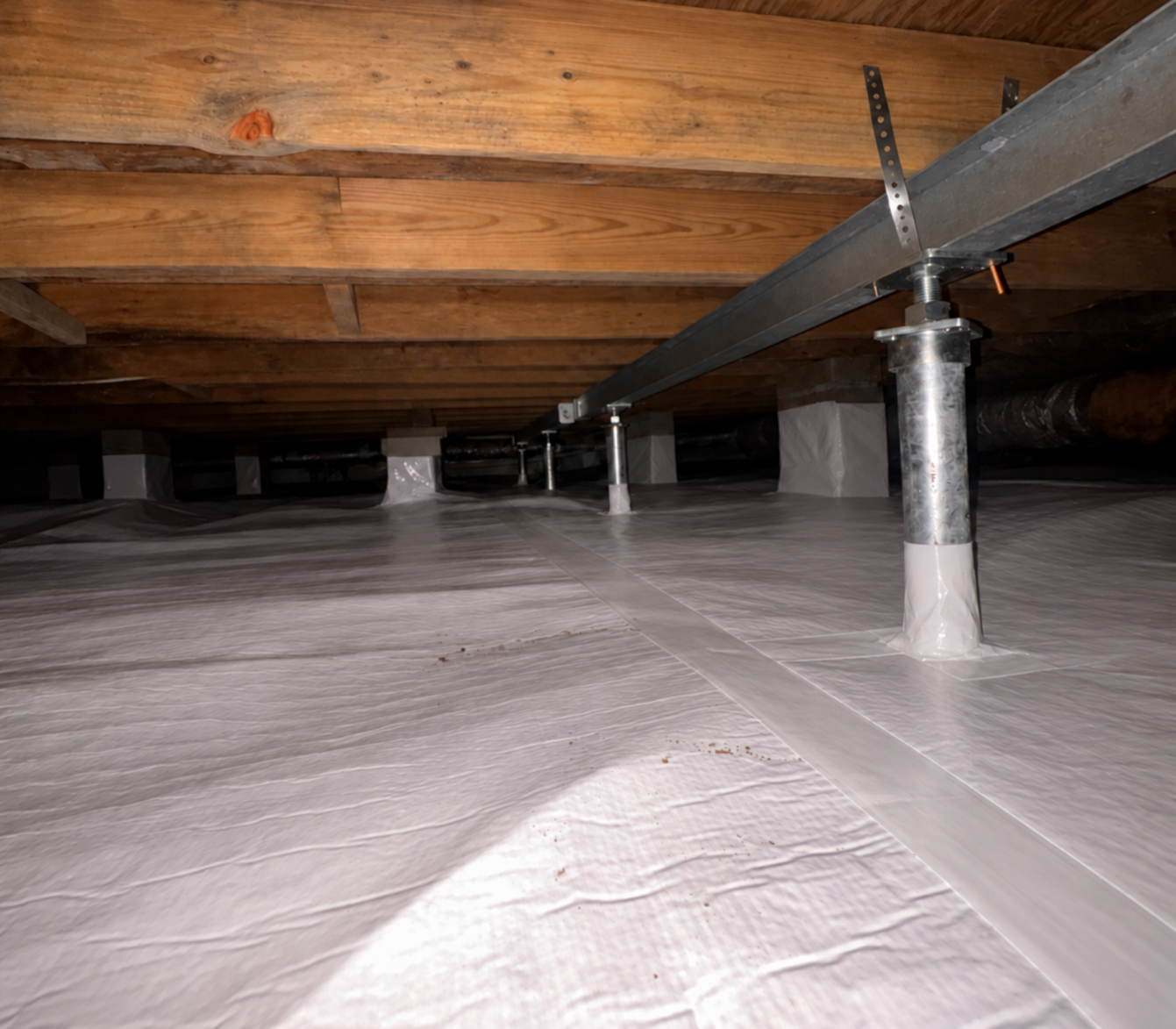 Adjustable steel crawl space jacks supporting a steel beam above a white vapor barrier
